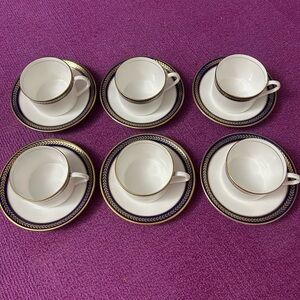 Coalport England Bone China Blue Wheat Flat Cups & Saucers  Set of 6 - EUC